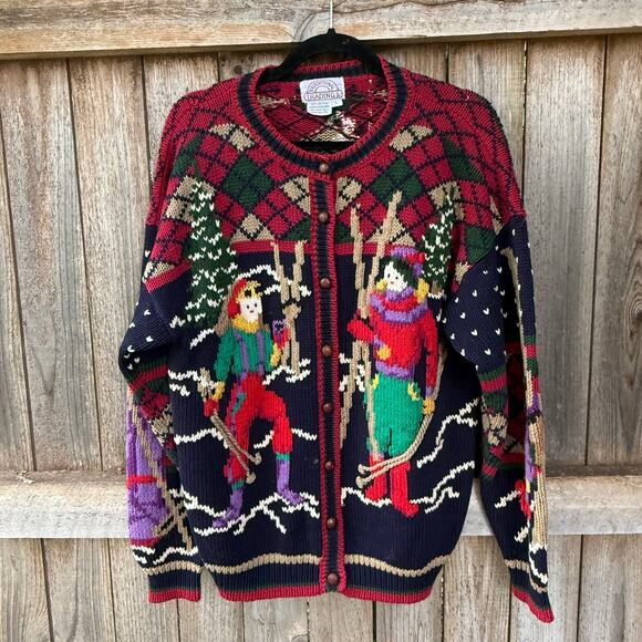 Vintage Traditional Trading Co Christmas Cardigan Winter Skiing - L - Picture 1 of 3